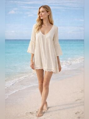 Aerie Size M Cream Lace-Trim V-Neck Swim Coverup Tunic